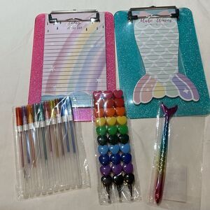 Lot Of New Stationary Items. Small Clip Boards With Paper And Pens.